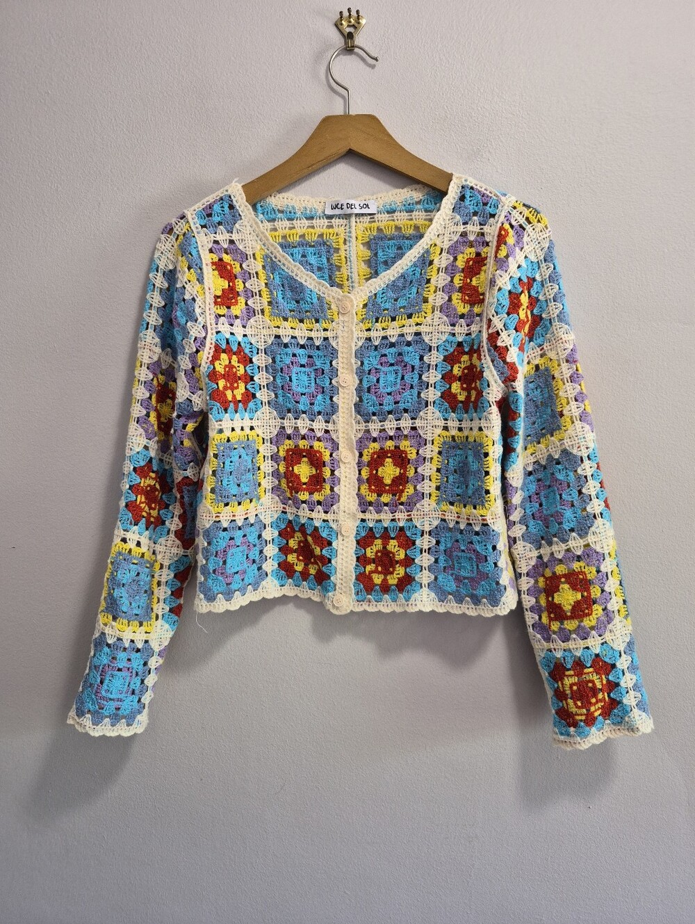 Luce Del Sol Granny Square Crochet Colorful Boho Cardigan Sweater Size XS/Small